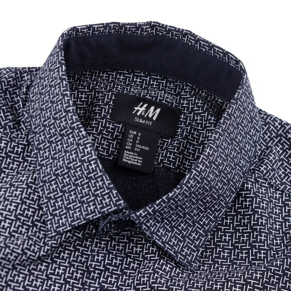 H&M Men's SMALL Black Geometric Abstract Crosshatch Print Button Up LS Shirt - Picture 3 of 11